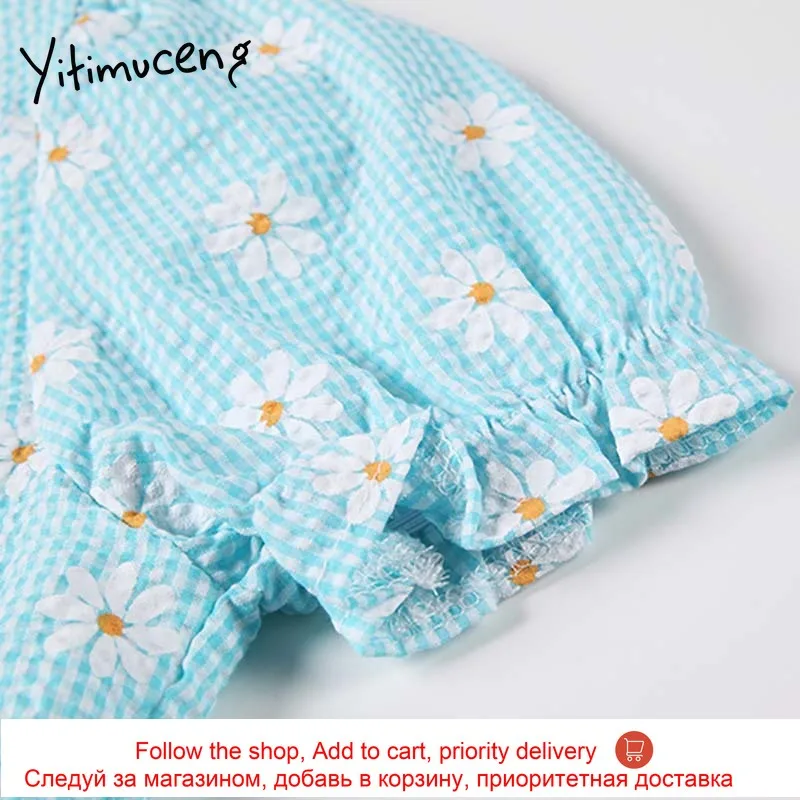 

Yitimuceng Floral Print Blouse Women Button Up Shirts Slim Puff Sleeve Square Collar Light Blue 2021 Summer Korean Fashion Tops