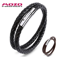 fashion brand jewelry black brown leather rope chain stainless steel bracelet man vintage hand strap bangles
