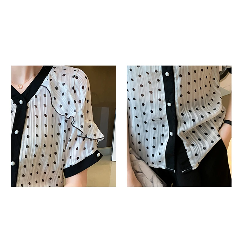 

V-Neck Ruffles Chiffon Blouses Polka Dot Short Sleeve Button Women Shirts 2021 Office Summer Tops Woman Clothes Chemisier Femme