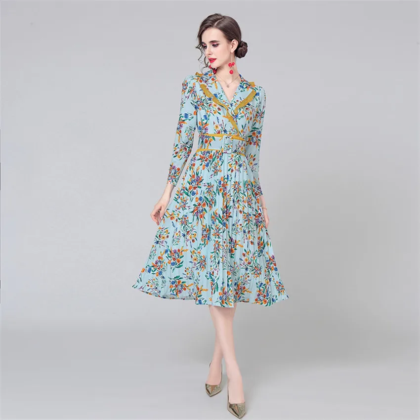 Женское плиссированное платье с цветочным принтом модельное дизайнерское