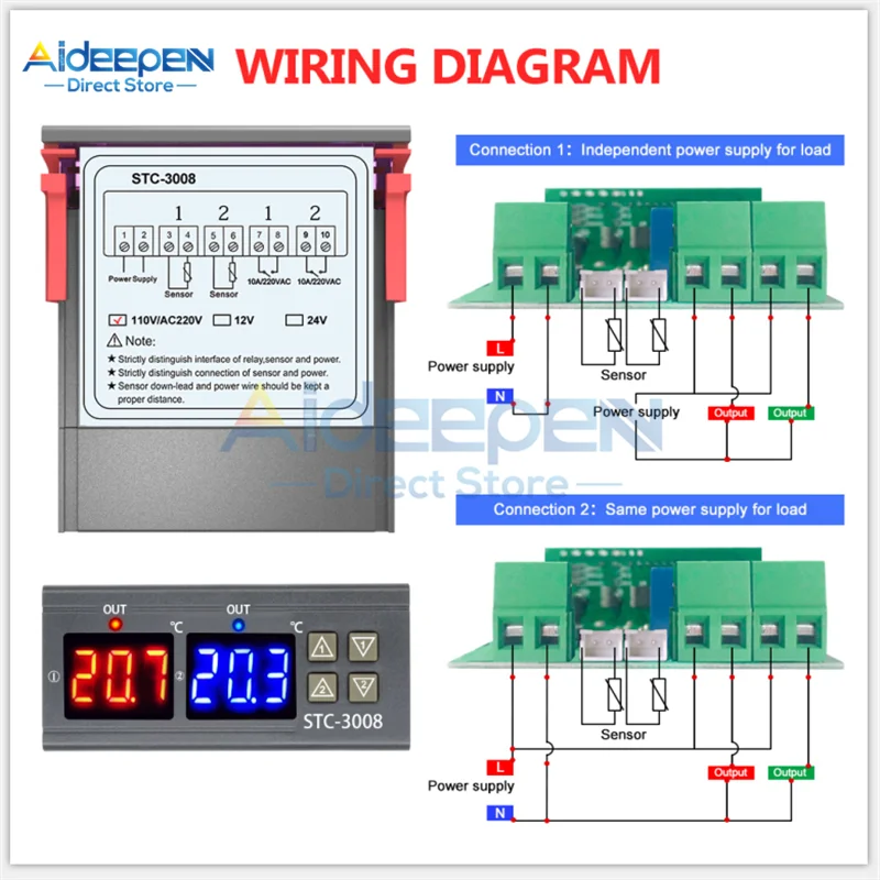 STC-3008 3018 3028 AC 110V 220V DC 12V 24V 10A Двойной Цифровой температурный контроллер гигрометр Отопление охлаждение два релейных выхода