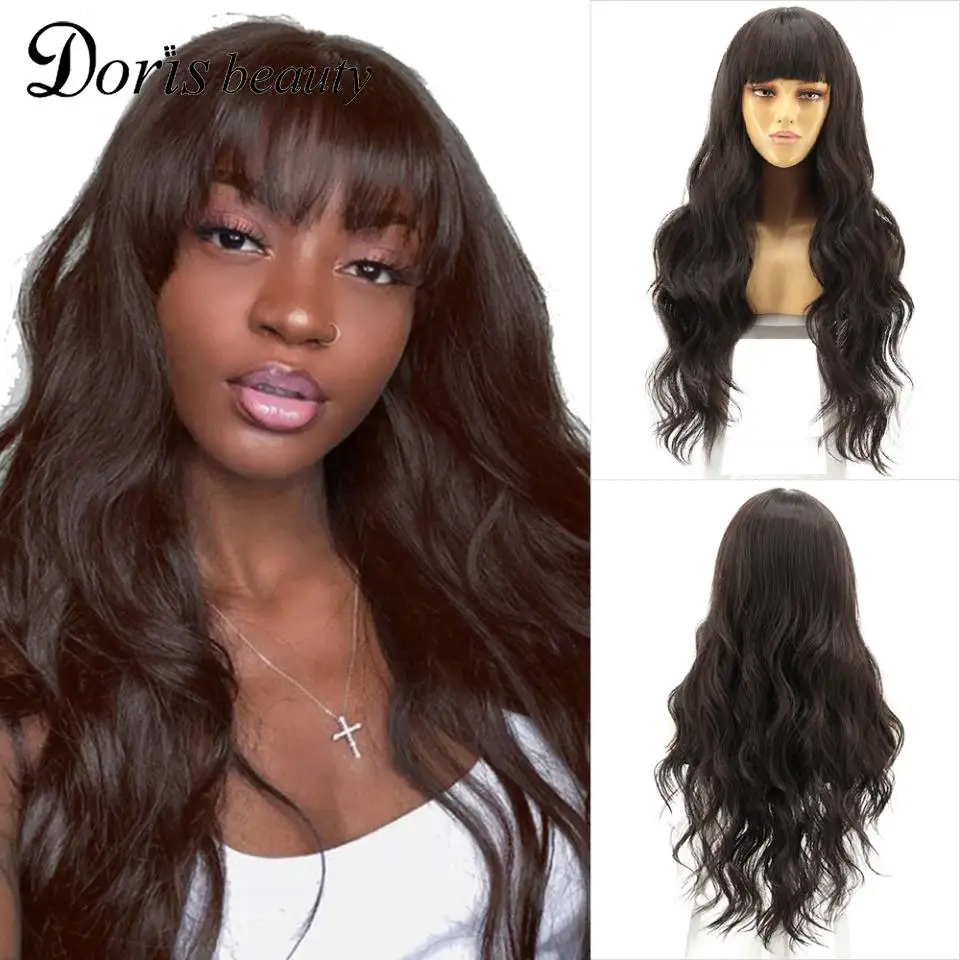 

Doris Beauty Highlight Pink Hair Cosplay Wig Wavy Long Body Wave Synthetic Women's Wigs Black Red Blonde Brown Wig with Bang