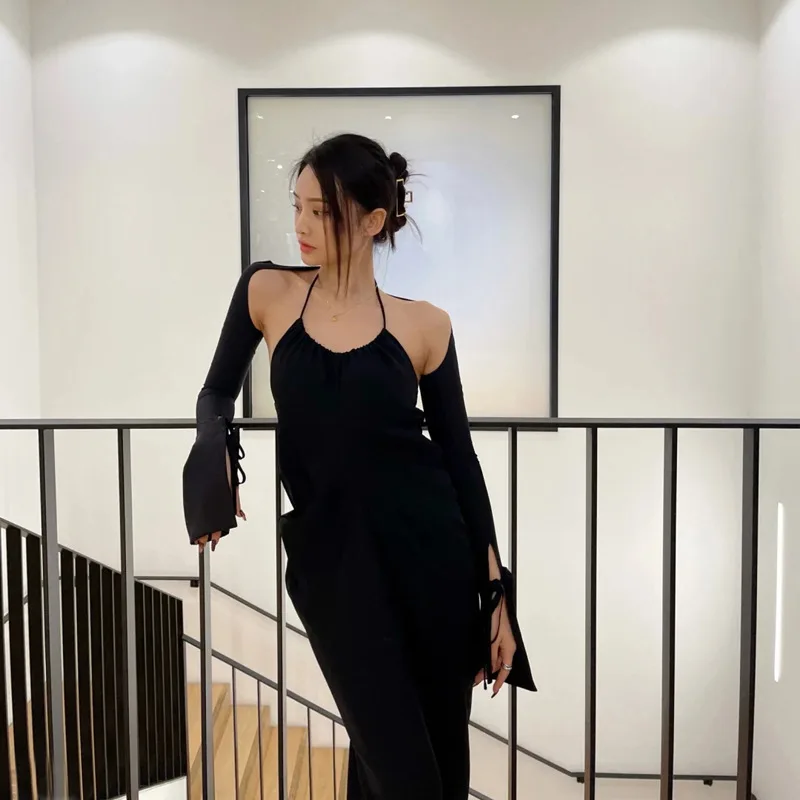 

2022 S/S new design sexy big open-back drape dress glossy dark pattern halter neck strap silky long skirt