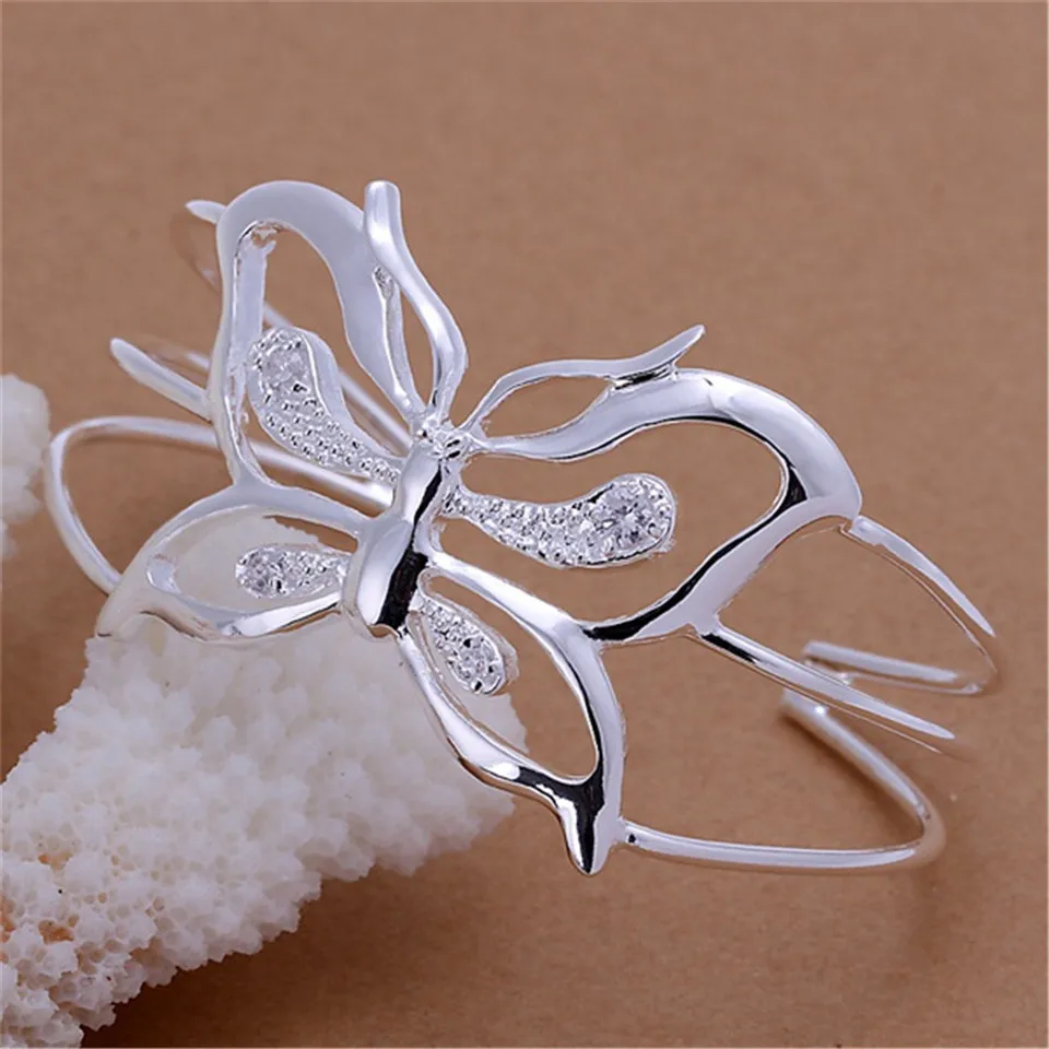 

925 Sterling Silver Butterfly Zircon Opening Bangle For Woman Wedding Engagement Fashion Charm Party Jewelry Gift