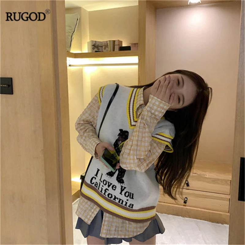 RUGOD 2019 Новый женский мультяшный вязаный свитер жилет или клетчатая рубашка Милая