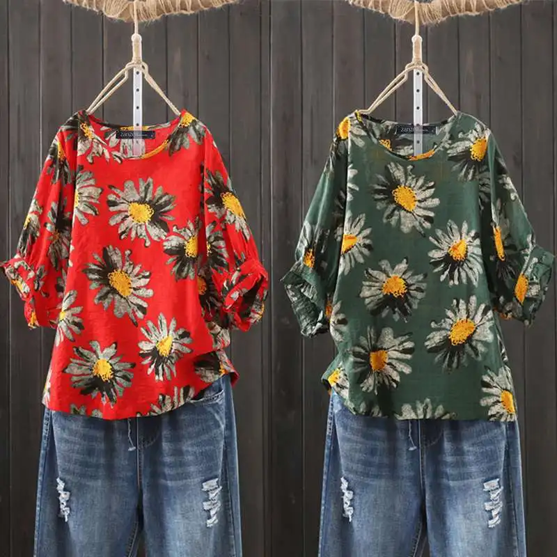 

Блузка ZANZEA женская с полурукавами, винтажная туника с цветочным принтом, топ в богемном стиле, рубашка с оборками, халат, на лето