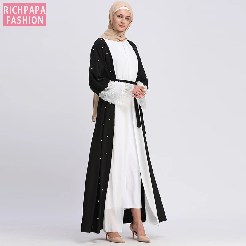 Черная абайя Дубай Кафтан Кружева жемчуг мусульманский хиджаб платье Abayas для