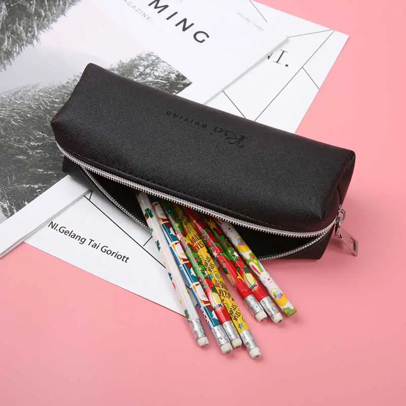 

2021 кожаный чехол для карандаша, простой черный чехол большой вместимости для карандашей в деловом стиле для детей, школьный офисный подарок...