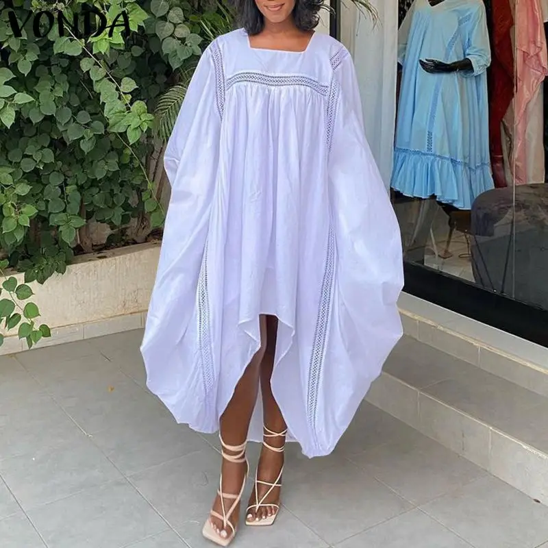 

VONDA Women 2021 Solid Color Pleated Asymmetric Hem Dress Ladies Casual 3/4 Sleeve Square Neck Long Maxi Dresses Female Vestidos
