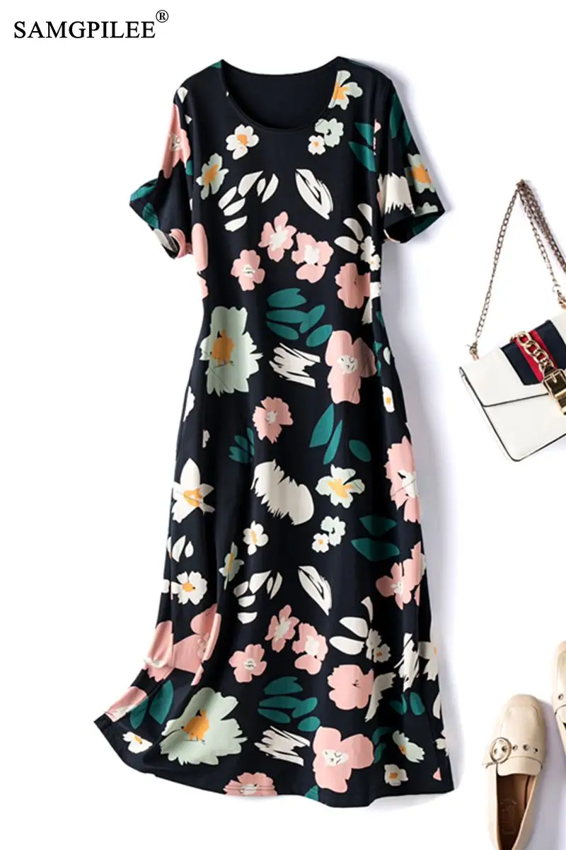 

Summer Women Dress 2021 New Cotton Flower Printing Dyeing Round Neck Pocket Short-sleeved Casual Fashion Dresses Woman Plus Size