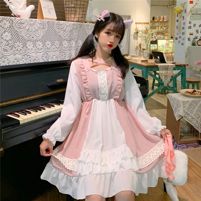 Kawaii/платье в японском стиле «Лолита»; мягкое милое Повседневное платье для девочек с короткими рукавами; студенческое летнее платье