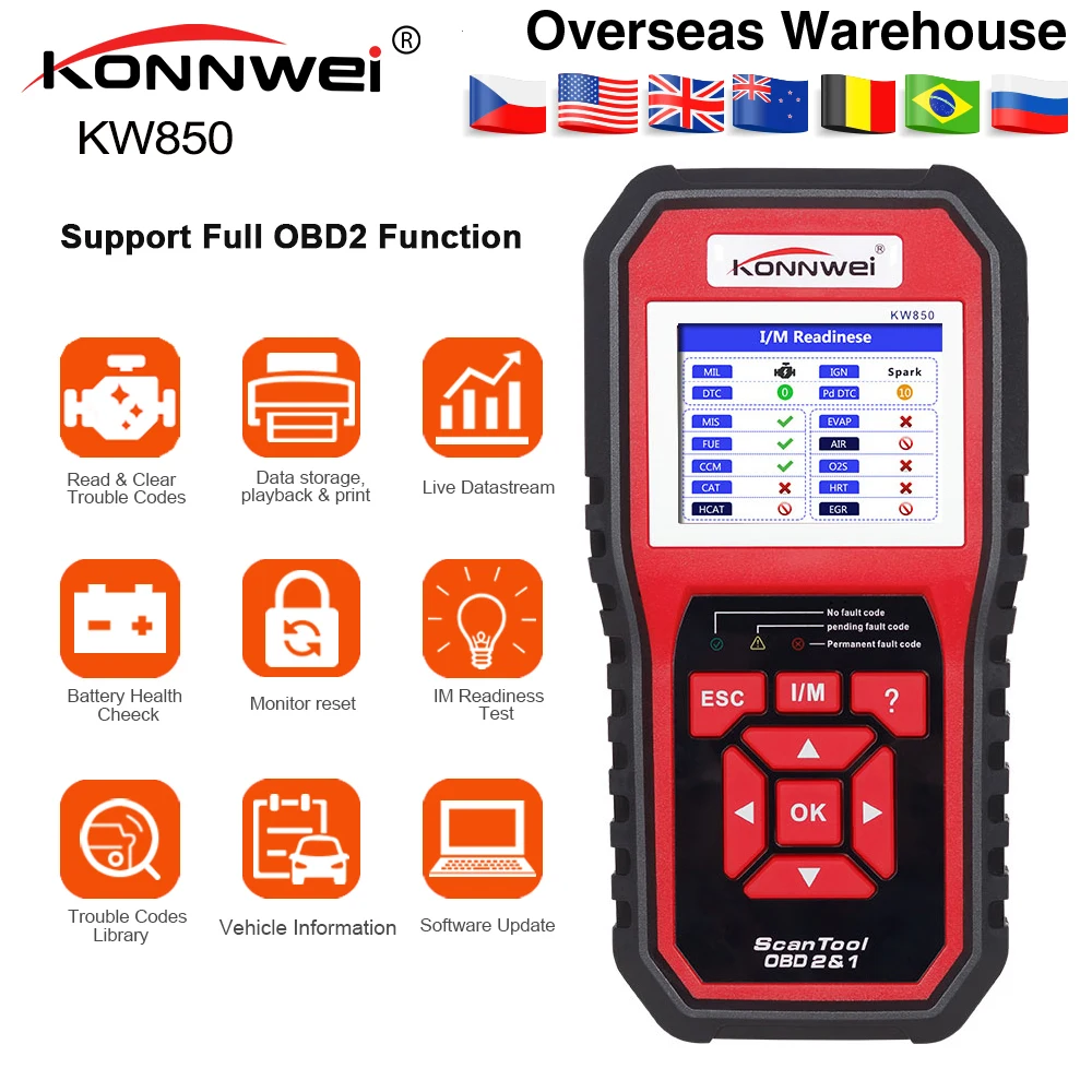 KONNWEI KW850 полнофункциональный OBD2 ODB2 сканер OBDII диагностический сканер автомобильный диагностический сканер универсальный OBD считыватель кода двигателя