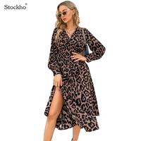 womens autumn leopard print dress v neck chiffon mid length dress womens all match leopard print bottoming long sleeved shirt