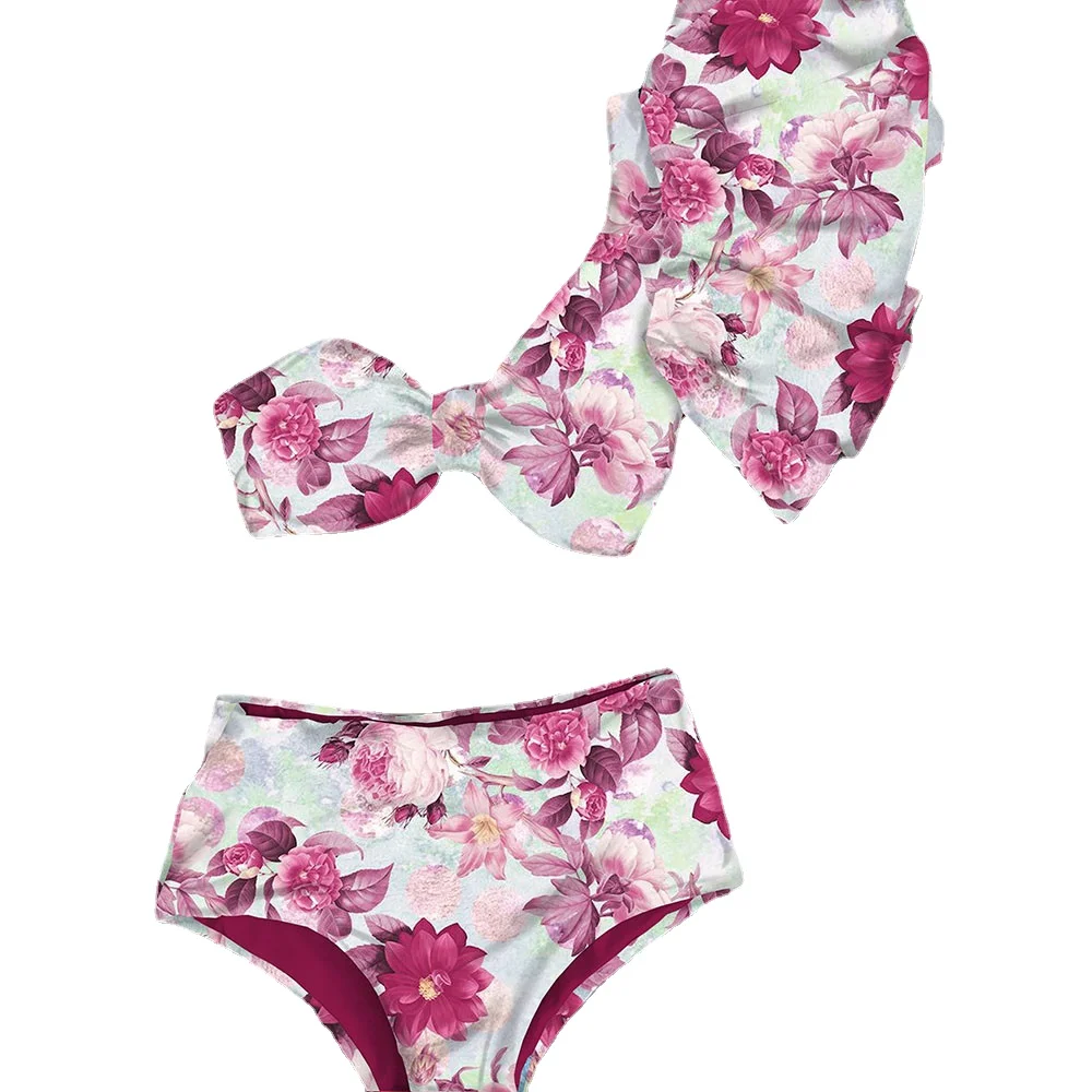 

One Shoulder Bikini Set 2021 Sexy Ruffle Swimwear Women Swimsuit High Waist Bathing Suit Beachwear Red Print Biquini female