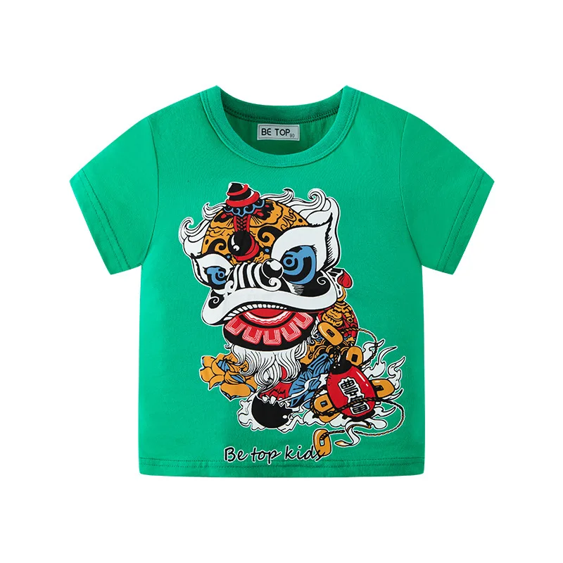 Chineses style baby girls boy tshirt cute cartoon lion dance cotton short sleeve summer vintage toddler kids clothes 2 to 10 yrs