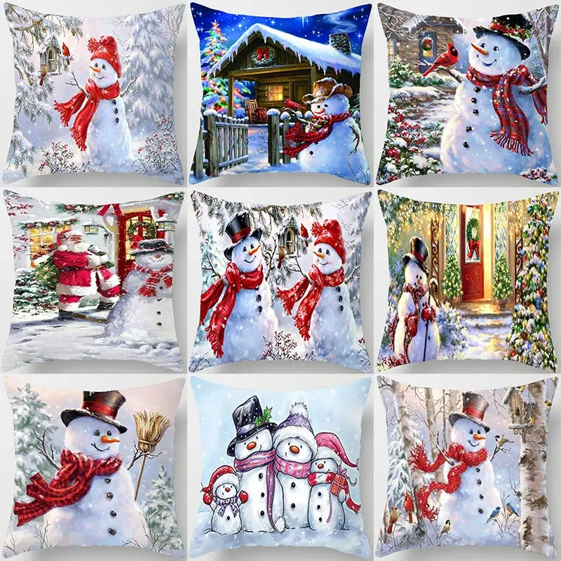 

Red Christmas Snowman Tree Pattern Christmas Decoration Polyester Cushion Cover New Year 2022 Sofa Home Decor Throw Pillowcover