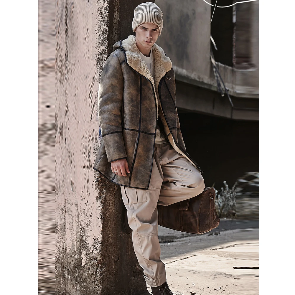 Мужские коричневые B3 дубленка Курточка бомбер кожаная куртка с капюшоном 2019