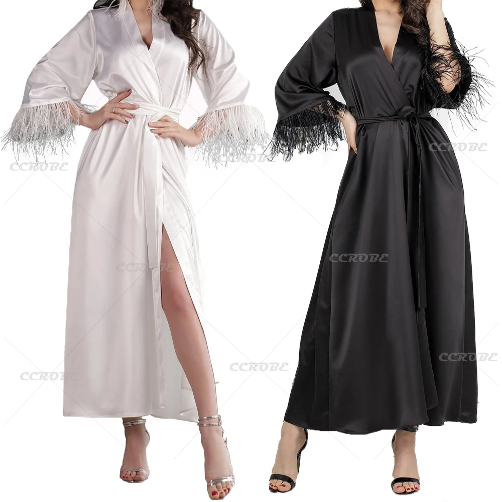 

Women Feather Robe Sleeves Satin Silk Boudoir Bride Bathrobe Wedding Dressing Gown Sexy V-neck Sleepwear Photoshoot Dress