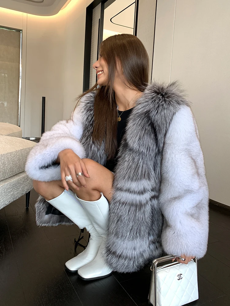Mid-length Natural Fox Fur Jacket V-neck High Quality Women Whole Skin Genuine Fox Fur Coat Female Trendy Fur Overcoat Luxury