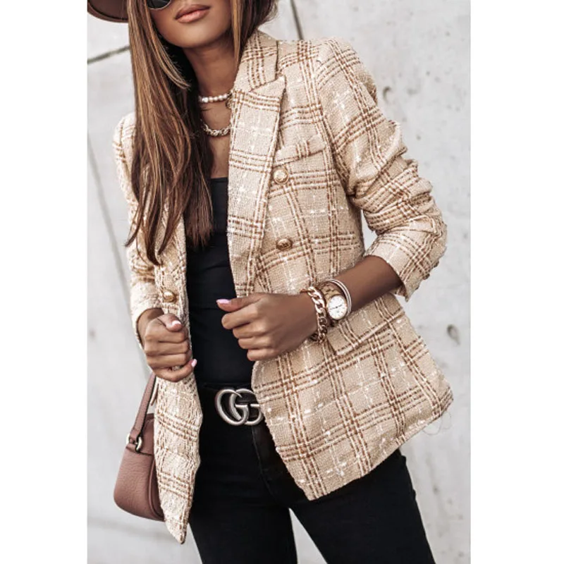 

Double Breasted Turn Down Collar Jacket Women Slim Fit Plaid Coat Autumn Long Sleeve Outwear AM2219