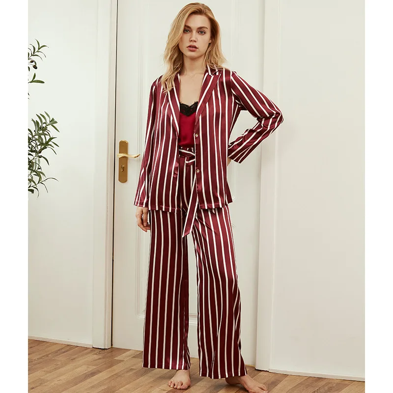 Spring Autumn New Pajamas Women's Spring and Autumn Three Piece Ice Silk Sling Suit Can Be Worn Out Female Pyjamas Sleep Tops