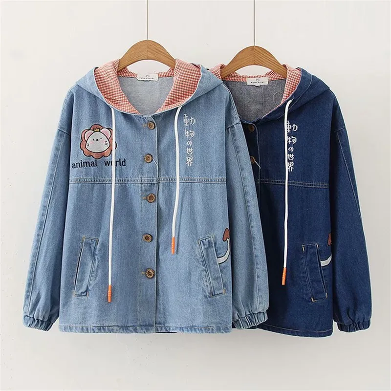 

High-quality Denim Jacket Women Spring Autumn Cartoon Embroidery Hooded Jean Outerwear Student Casual Top Long sleeve Coat KW117