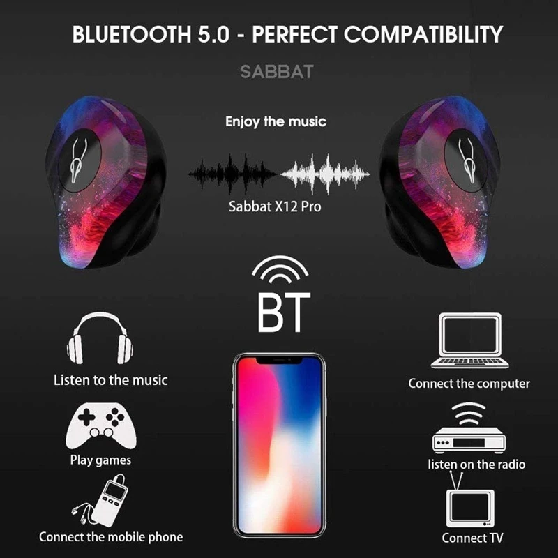 

Sabbat X12 Pro TWS Wireless Earbuds 5.0 Bluetooth Earphone Sport Hifi Headset Handsfree Waterproof Ear Buds for Samsung Phone