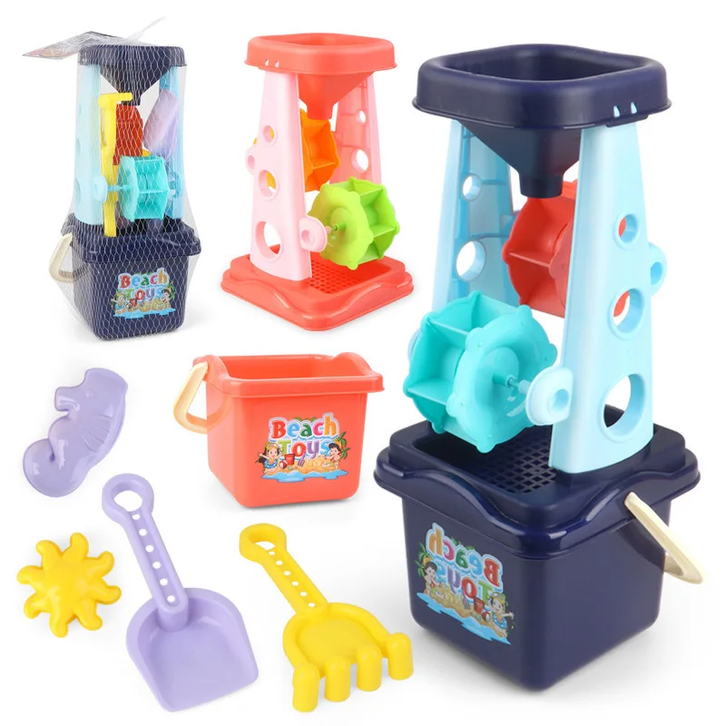 

5pcs/lot Filtering Sand Barrel Summer sandpit Sand Beach Toys Set With Waterwheel Hourglass Shovel And Rake