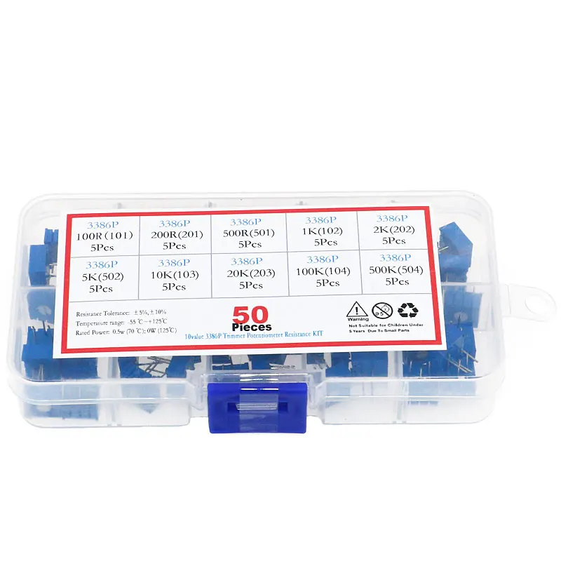 

50pcs 3386P series 100R 200 500R 1K 2K 5K 10K 20K 50K 100K 500K multi-turn potentiometer Variable resistors With box set