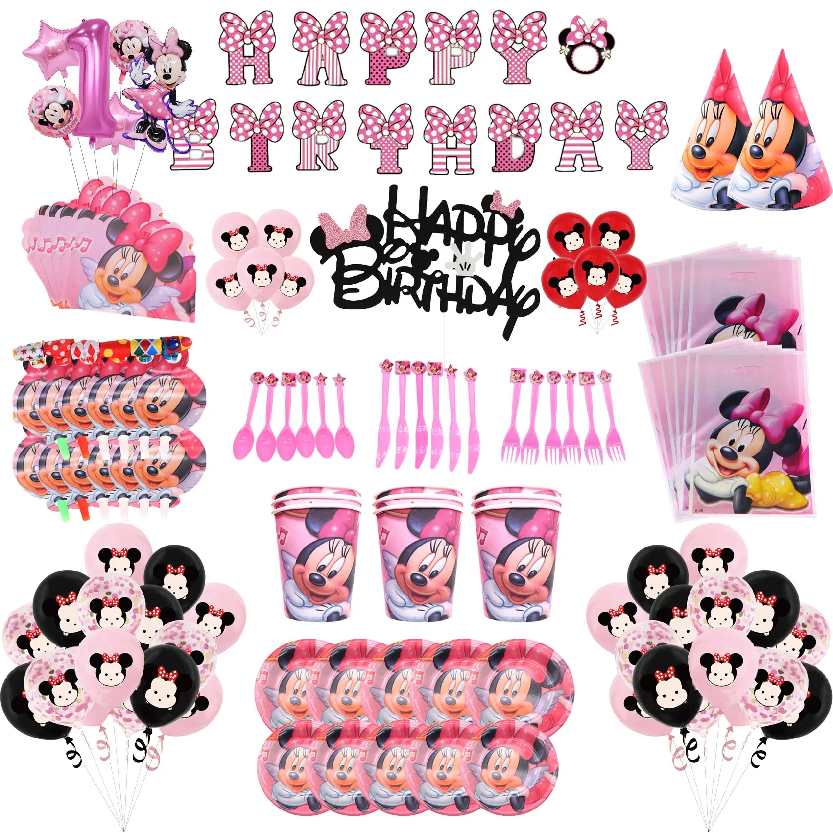 

Minnie Mouse Girls Kids Birthday Party Decorations Disposable Tableware Set Cups Napkins Plate Straws Baby Shower Supplies