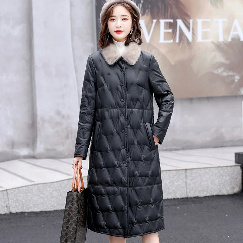 New Women Sheepskin Down Overcoat Autumn Winter 2022 Fashion Warm Mink Fur Collar Loose Leather Down Coat Thick Long Fur Coat