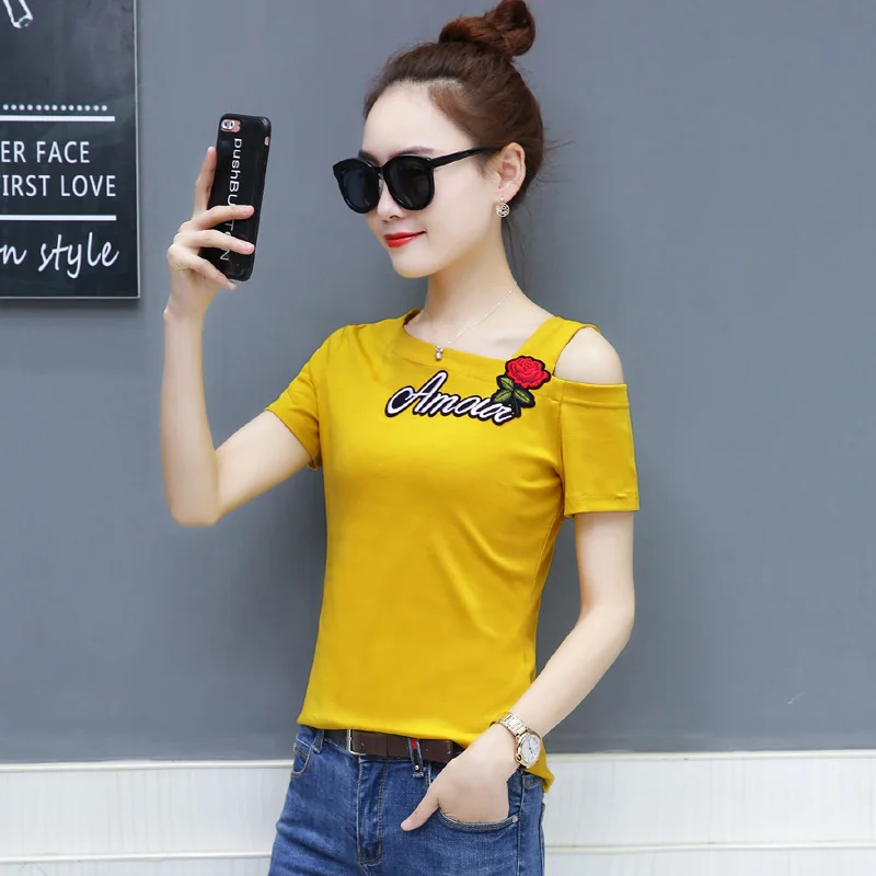 

Inclined collar rose flower short-sleeved T-shirt women's summer 2021 new slim top cotton women's clothing