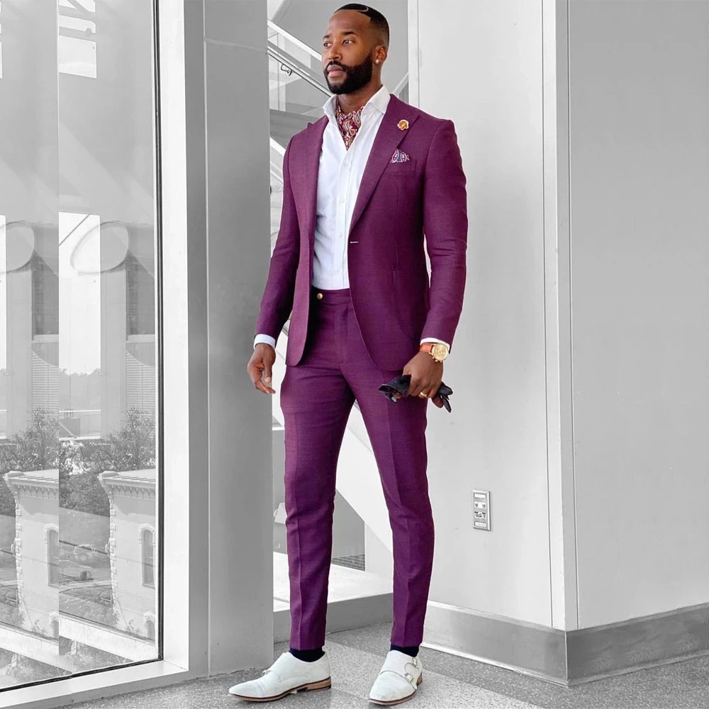 

Newest Purple Groom Wedding Suits Set Peak Lapel Business Casual Tuxedo Evening 2 Pcs(Blazer+Pant)Custom Made