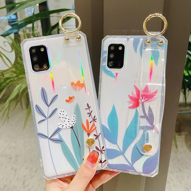 

Laser Square Phone Case for Samsung A51 Coque Ins Leaf Wristband Holder Cover for Samsung S20 S21 A50 A70 A52 A72 A12 A21S Funda
