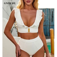 gnim ruffle bikini swimwear women with belt 2020 summer solid swimming suit for women high waist brazilian swimsuit two pieces