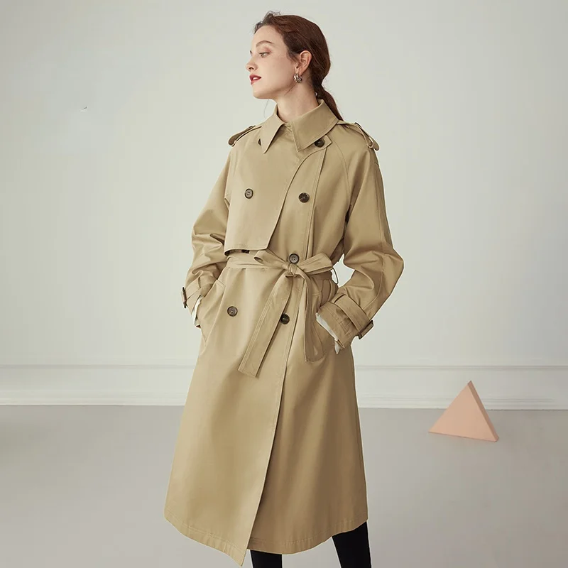 

Женский Длинный тренчкот цвета хаки, Осенний Двубортный повседневный тренчкот с отложным воротником и длинным рукавом