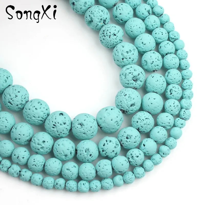 Натуральные вулканические каменные бусины из лавы с туркоизным цветом и резиновым круглым профилем для создания украшений DIY браслетов и ожерелий 4 6 8 10 мм, длиной 15 дюймов.