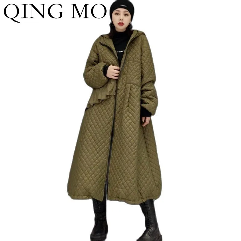 

Женский длинный пуховик с капюшоном QING MO, черная Повседневная Свободная теплая хлопковая куртка в клетку, весна-зима 2022