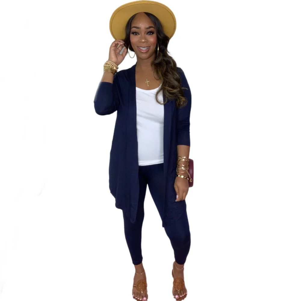 

Casual Workout Two Piece Set for Women Long Sleeve Maxi Open Stitch and Skinny Pencil Legging Sweat Suit Autumn Solid Tracksuit