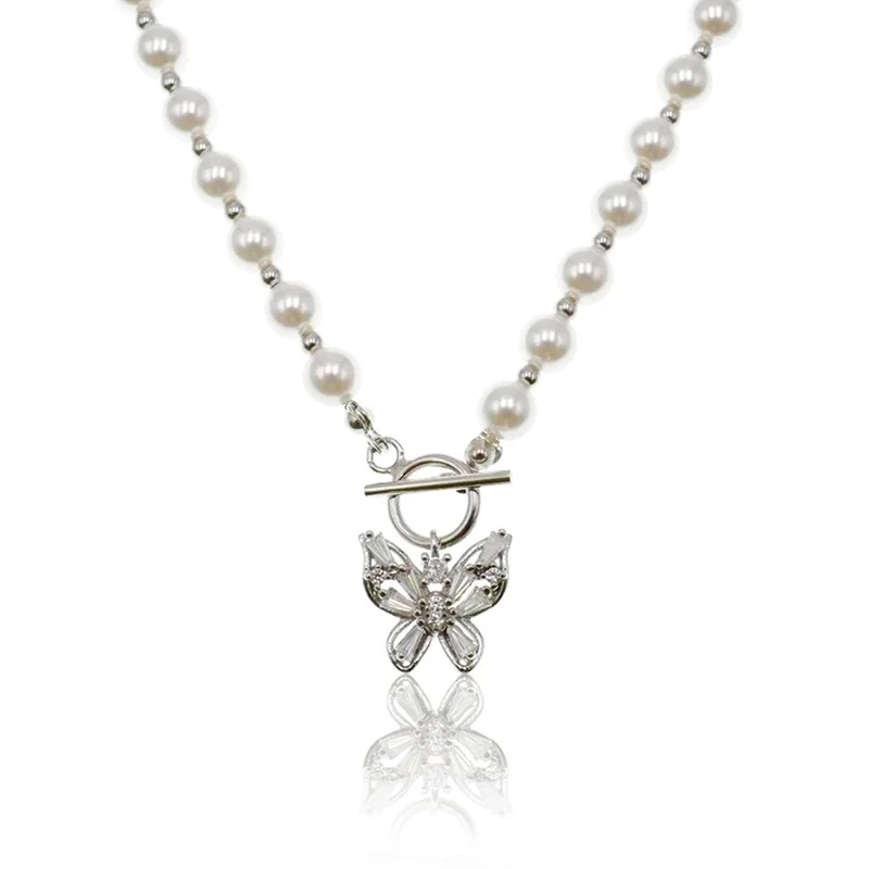

Baguette S925 Sterling Silver INS Personality New Zircon Pearl Butterfly Pendant Necklace Femininity Chain Ornaments
