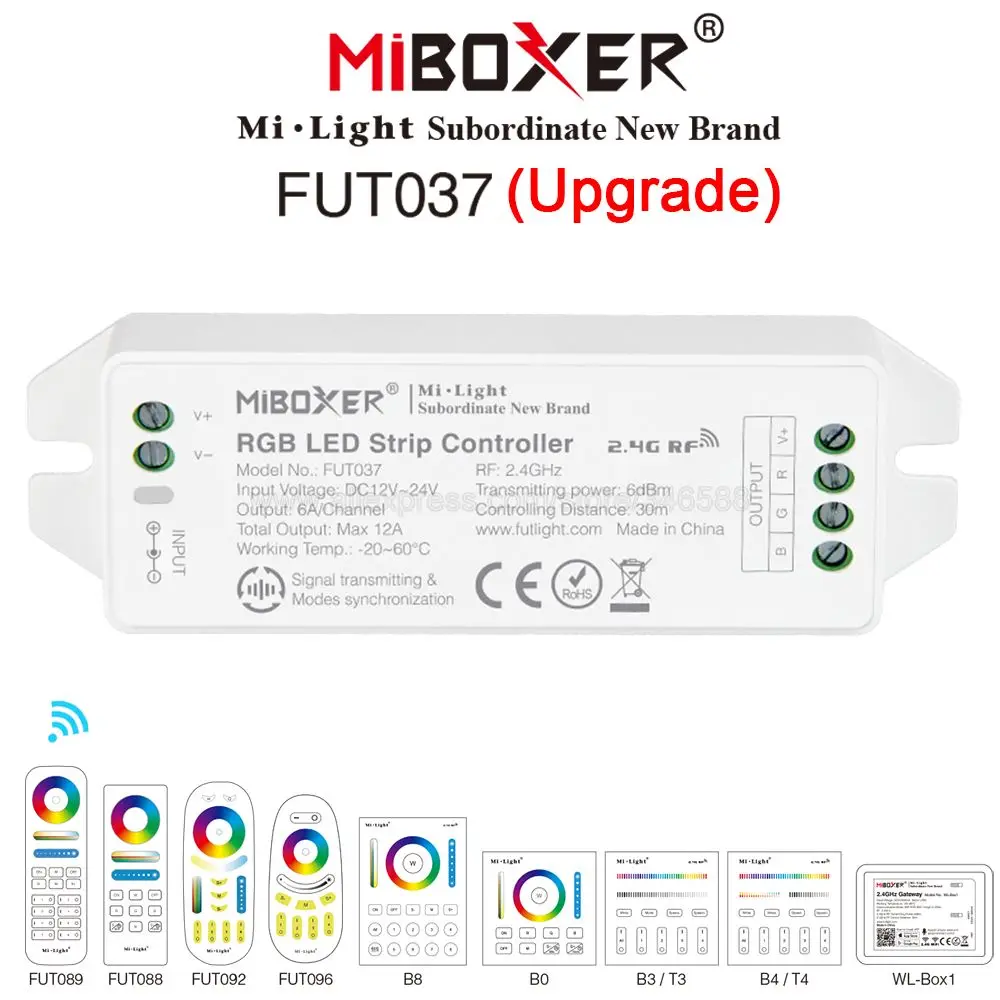 

MiBOXER FUT037 Upgrade RGB LED Strip Controller DC12V~24V 12A Support Smartphone APP / 2.4G RF / Alexa Google Voice Control
