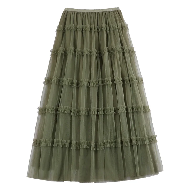 

and winter new Korean style skirt with high waist and thin stitching double layer mesh medium length skirt for women