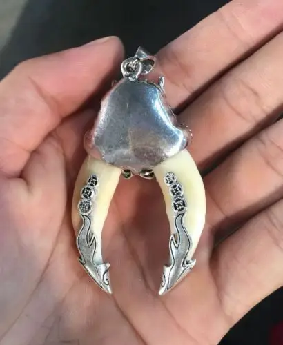

Chinese-antique-dog-teeth-with-Tibetan-silver-amulet-carved-dragon-pendant