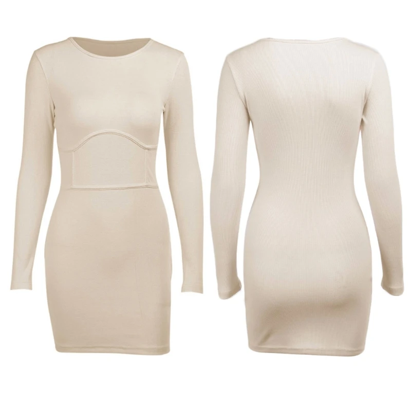 

Women Autumn Long Sleeve Round Neck Bodycon Mini Dress Sexy Package Hip Empire High Waist Solid Color Ribbed Clubwear Slim Dress