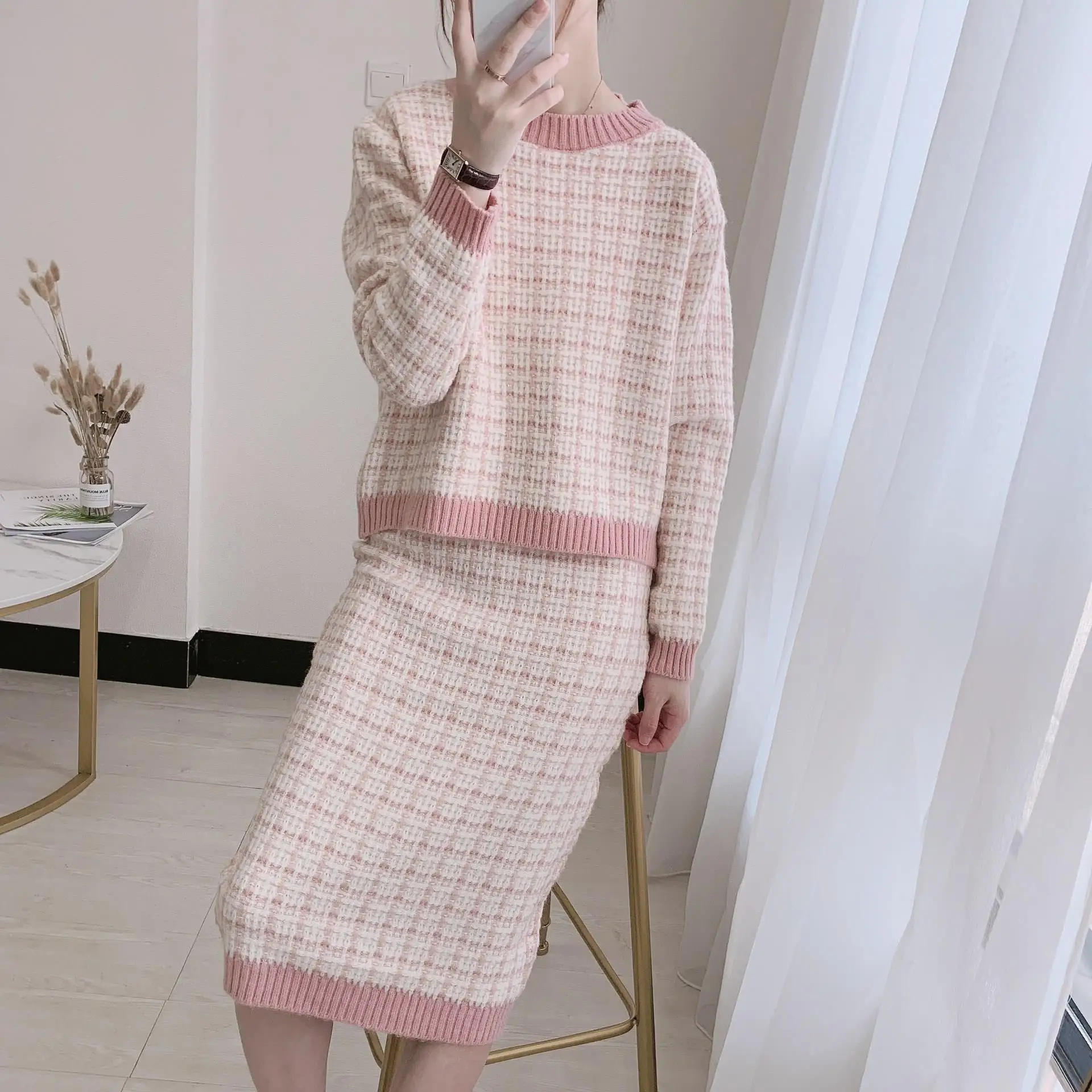 Модный вязаный комплект из двух предметов женский зимний элегантный свитер