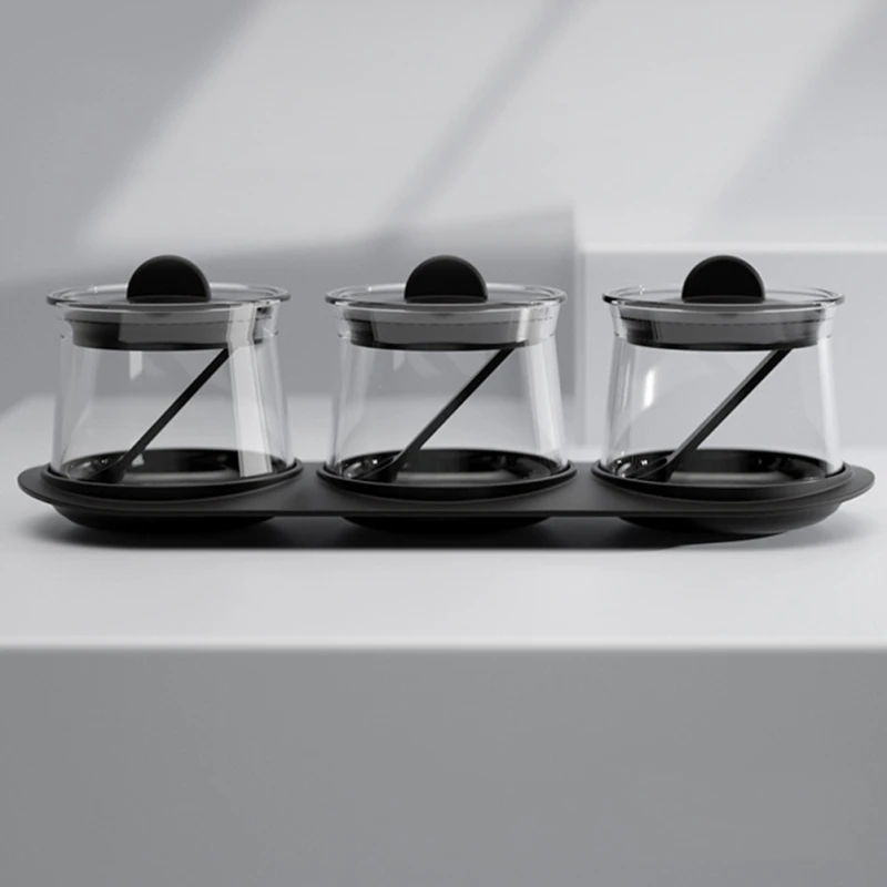 

Clear Glass Seasoning Bottle With Tray Measuring Spoon Jar Storage Jar Food Container Seasoning Bottle Kitchen Tool
