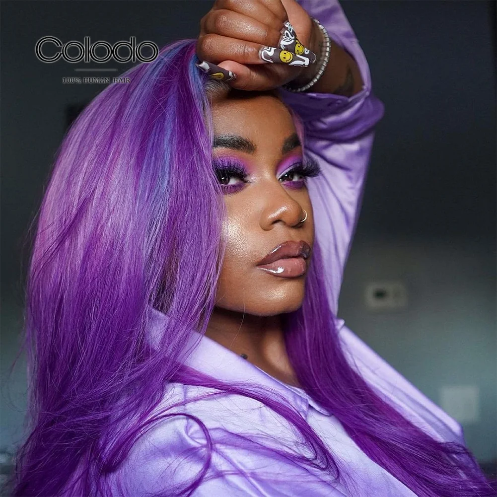 

COLODO Highlight Wig Purple Colored Human Hair Wigs 13X4 Ombre Natural Wave Lace Front Wig Highlight Lace Front Human Hair Wig