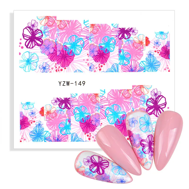 Водные Переводные наклейки для ногтей с фиолетовыми цветами картинки зелеными