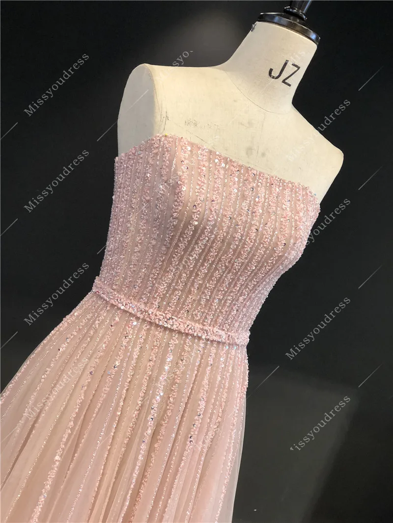 2021 فساتين السهرة Real Sample Light Pink Luxurious Beads Strapless A-line Floor Length Formal Prom Party Evening Dresses