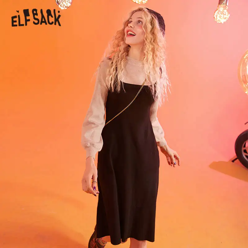Женское вязаное платье ELFSACK черное однотонное облегающее с рукавами фонариками
